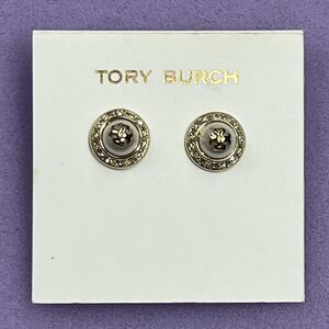 Tory Burch Earrings Natalie Studs Gold Tone Pearl Logo Crystal Women Jewelry